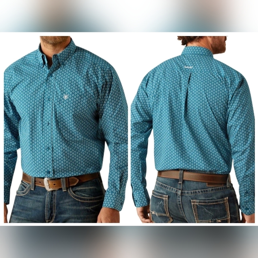 Ariat Teal Geometric Print Button-Down Long Sleeve Cotton Shirt   Men Size Small